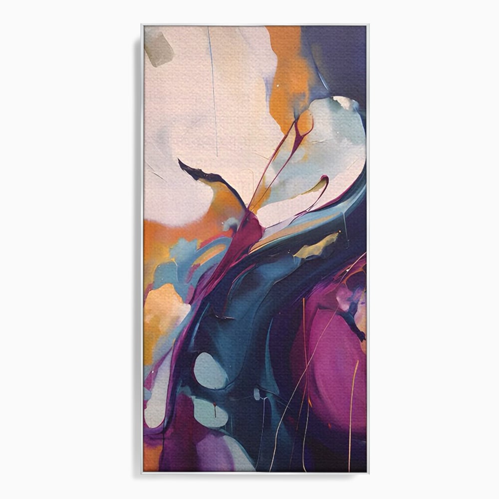 Tablou canvas cu pictura abstracta cu curbe fluide, in rama de aluminiu argintiu